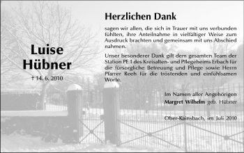 Traueranzeige von Luise Hübner von Echo-Zeitungen (Gesamtausgabe)