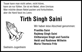 Traueranzeige von Tirth Singh Saini von Echo-Zeitungen (Gesamtausgabe)