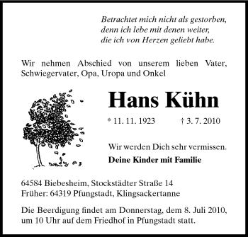 Traueranzeige von Hans Kühn von Echo-Zeitungen (Gesamtausgabe)