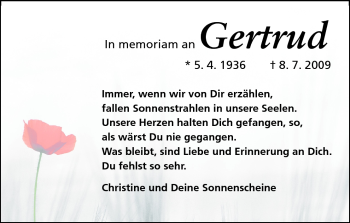 Traueranzeige von Gertrud - von Rüsselsheimer Echo, Groß-Gerauer-Echo, Ried Echo