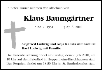 Traueranzeige von Klaus Baumgärtner von Starkenburger Echo
