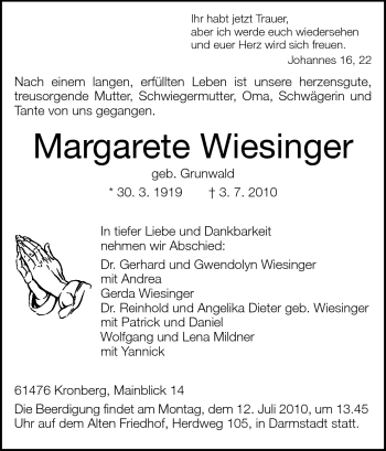 Traueranzeige von Margarete Wiesinger von Darmstädter Echo, Odenwälder Echo, Rüsselsheimer Echo, Groß-Gerauer-Echo, Ried Echo