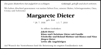 Traueranzeige von Margarete Dieter von Darmstädter Echo, Odenwälder Echo, Rüsselsheimer Echo, Groß-Gerauer-Echo, Ried Echo