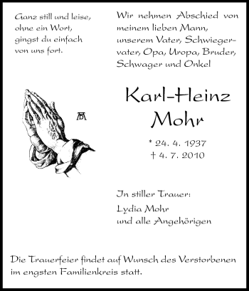Traueranzeige von Karl-Heinz Mohr von Darmstädter Echo, Odenwälder Echo, Rüsselsheimer Echo, Groß-Gerauer-Echo, Ried Echo