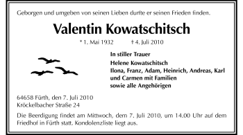 Traueranzeige von Valentin Kowatschitsch von Starkenburger Echo