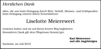 Traueranzeige von Liselotte Meierwert von Rüsselsheimer Echo, Groß-Gerauer-Echo, Ried Echo