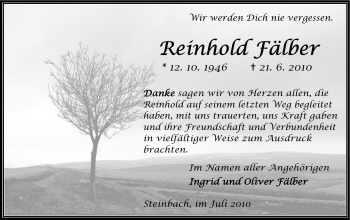 Traueranzeige von Reinhold Fälber von Odenwälder Echo