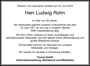 Traueranzeige von Ludwig Rohn von Echo-Zeitungen (Gesamtausgabe)