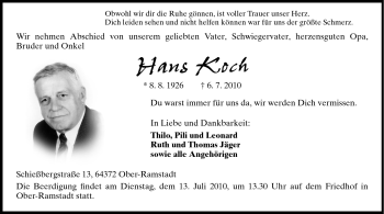 Traueranzeige von Hans Koch von Darmstädter Echo, Odenwälder Echo, Rüsselsheimer Echo, Groß-Gerauer-Echo, Ried Echo