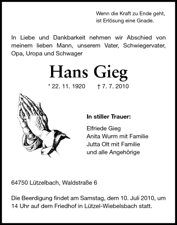 Traueranzeige von Hans Gieg von Odenwälder Echo