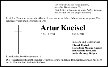Traueranzeige von Artur Kneisel von Rüsselsheimer Echo, Groß-Gerauer-Echo, Ried Echo