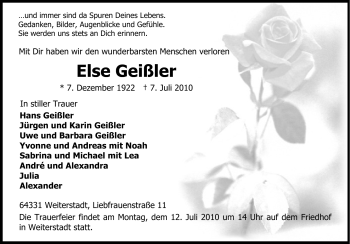 Traueranzeige von Else Geißler von Echo-Zeitungen (Gesamtausgabe)