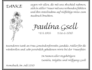 Traueranzeige von Paulina Gsell von Starkenburger Echo
