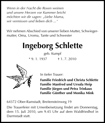 Traueranzeige von Ingeborg Schlette von Echo-Zeitungen (Gesamtausgabe)