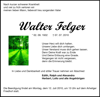 Traueranzeige von Walter Felger von Echo-Zeitungen (Gesamtausgabe)