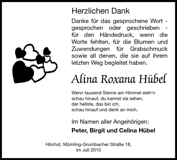Traueranzeige von Alina Roxana Hübel von Odenwälder Echo