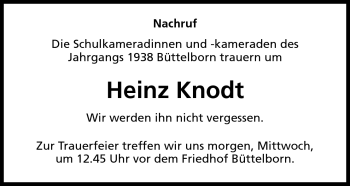 Traueranzeige von Heinz Knodt von Rüsselsheimer Echo, Groß-Gerauer-Echo, Ried Echo