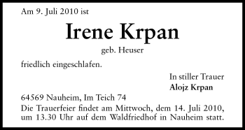 Traueranzeige von Irene Krpan von Rüsselsheimer Echo, Groß-Gerauer-Echo, Ried Echo