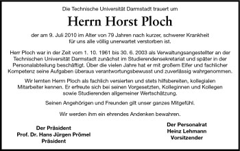 Traueranzeige von Horst Ploch von Darmstädter Echo, Odenwälder Echo, Rüsselsheimer Echo, Groß-Gerauer-Echo, Ried Echo