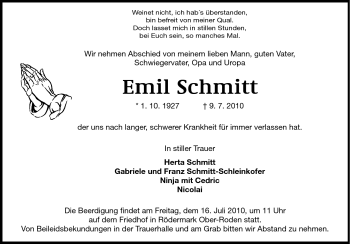 Traueranzeige von Emil Schmitt von Echo-Zeitungen (Gesamtausgabe)