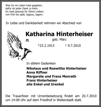 Traueranzeige von Katharina Hinterheiser von Echo-Zeitungen (Gesamtausgabe)