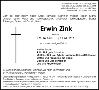 Traueranzeige von Erwin Zink von Odenwälder Echo