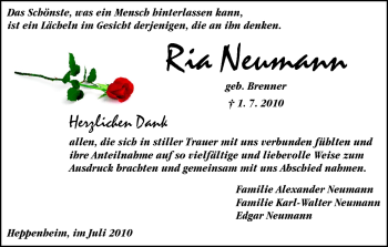 Traueranzeige von Ria Neumann von Starkenburger Echo, Bergsträßer Anzeiger