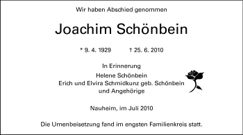 Traueranzeige von Joachim Schönbein von Rüsselsheimer Echo, Groß-Gerauer-Echo, Ried Echo