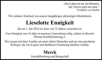 Traueranzeige von Lieselotte Ennigkeit von Echo-Zeitungen (Gesamtausgabe)