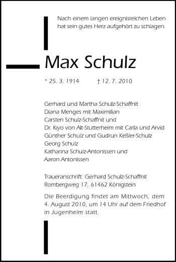 Traueranzeige von Max Schulz von Echo-Zeitungen (Gesamtausgabe)