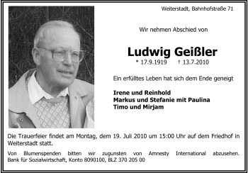 Traueranzeige von Ludwig Geißler von Echo-Zeitungen (Gesamtausgabe)