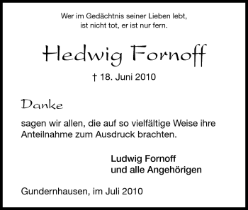 Traueranzeige von Hedwig Fornoff von Darmstädter Echo, Odenwälder Echo, Rüsselsheimer Echo, Groß-Gerauer-Echo, Ried Echo