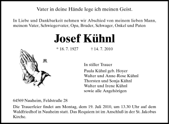 Traueranzeige von Josef Kühnl von Rüsselsheimer Echo, Groß-Gerauer-Echo, Ried Echo
