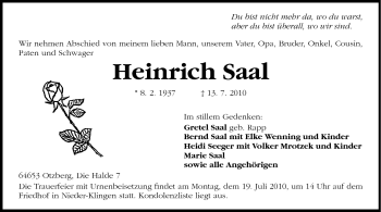 Traueranzeige von Heinrich Saal von Echo-Zeitungen (Gesamtausgabe)