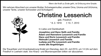 Traueranzeige von Christine Lessenich von Darmstädter Echo, Odenwälder Echo, Rüsselsheimer Echo, Groß-Gerauer-Echo, Ried Echo