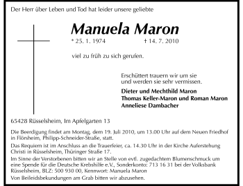Traueranzeige von Manuela Marohn von Rüsselsheimer Echo, Groß-Gerauer-Echo, Ried Echo