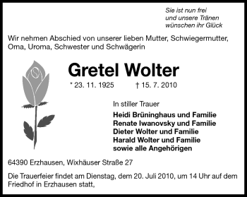 Traueranzeige von Gretel Wolter von Darmstädter Echo, Odenwälder Echo, Rüsselsheimer Echo, Groß-Gerauer-Echo, Ried Echo