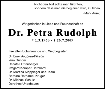 Traueranzeige von Dr. Petra Rudolph von Echo-Zeitungen (Gesamtausgabe)