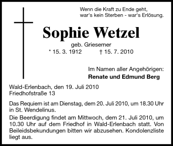 Traueranzeige von Sophie Wetzel von Starkenburger Echo