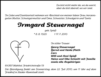 Traueranzeige von Irmgard Steuernagel von Darmstädter Echo, Odenwälder Echo, Rüsselsheimer Echo, Groß-Gerauer-Echo, Ried Echo