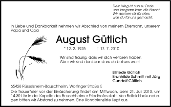 Traueranzeige von August Gütlich von Rüsselsheimer Echo, Groß-Gerauer-Echo, Ried Echo