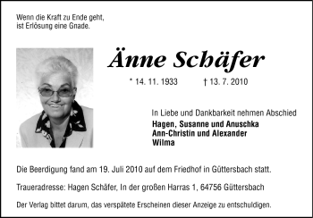 Traueranzeige von Anne Schäfer von Odenwälder Echo