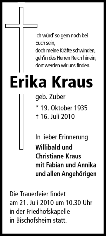 Traueranzeige von Erika Kraus von Rüsselsheimer Echo, Groß-Gerauer-Echo, Ried Echo