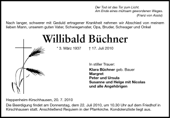 Traueranzeige von Willibald Büchner von Starkenburger Echo