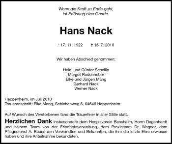 Traueranzeige von Hans Nack von Starkenburger Echo