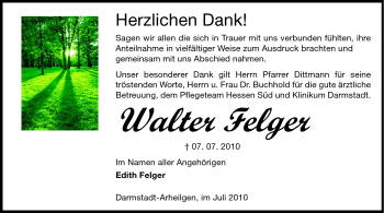 Traueranzeige von Walter Felger von Echo-Zeitungen (Gesamtausgabe)