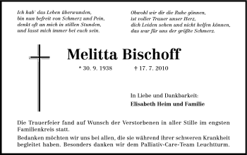 Traueranzeige von Melitta Bischoff von Rüsselsheimer Echo, Groß-Gerauer-Echo, Ried Echo