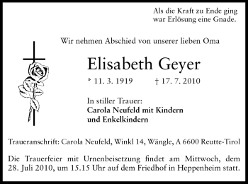 Traueranzeige von Elisabeth Geyer von Starkenburger Echo