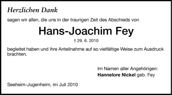 Traueranzeige von Hans-Joachim Fey von Echo-Zeitungen (Gesamtausgabe)