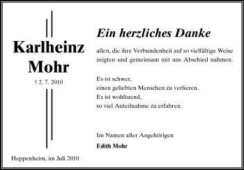 Traueranzeige von Karlheinz Mohr von Starkenburger Echo